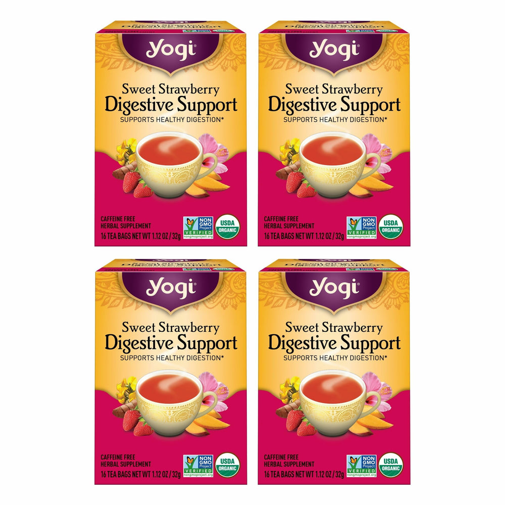 Yogi front packaging showing sweet strawberry organic tea and benefits