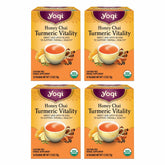 Yogi front packaging showing organic honey chai turmeric vitality benefits