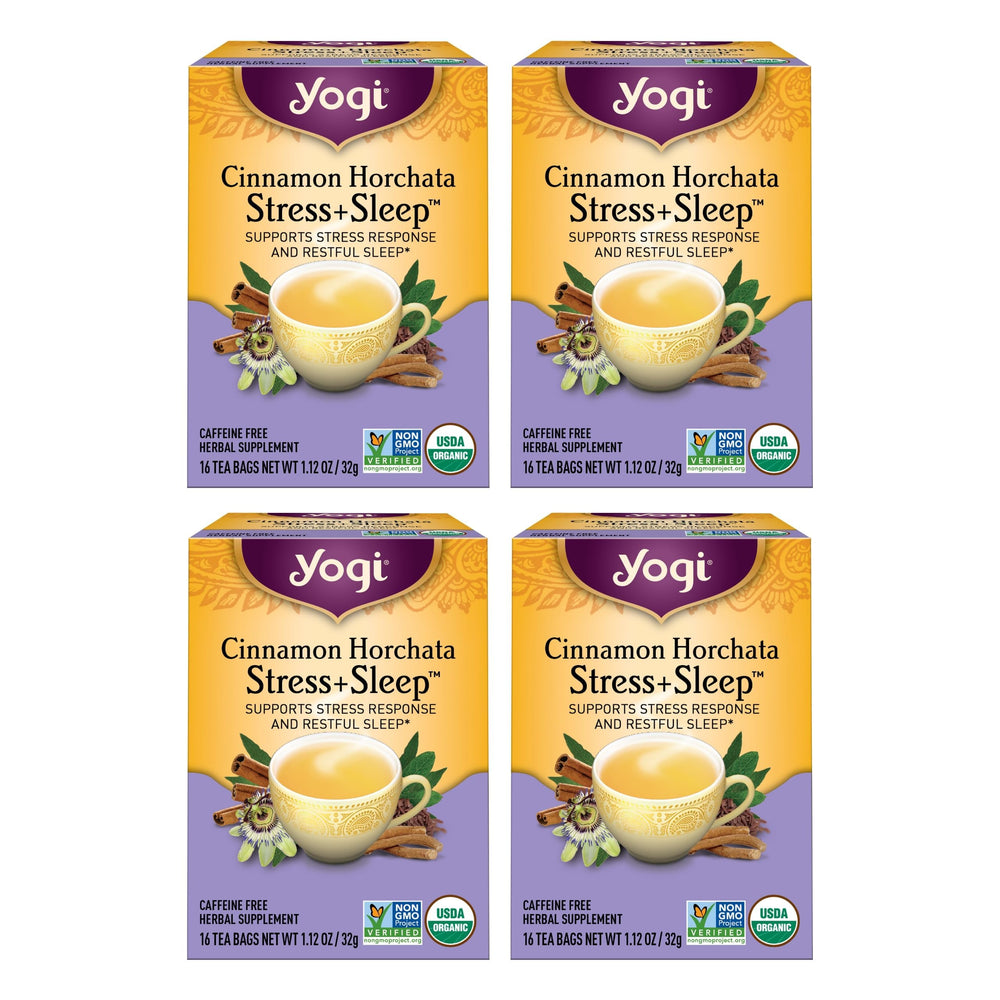 Yogi front packaging showing organic 4-pack and calming benefit