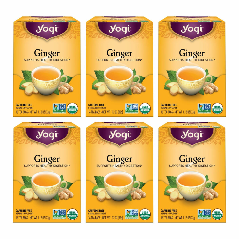 Yogi front packaging showing organic ginger tea benefits