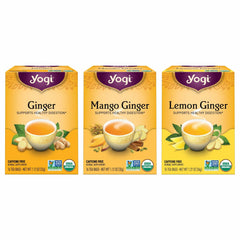 Yogi front packaging of ginger variety sampler showing three cartons and branding benefit convenience