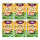 Yogi front packaging showing organic blueberry green tea and benefits