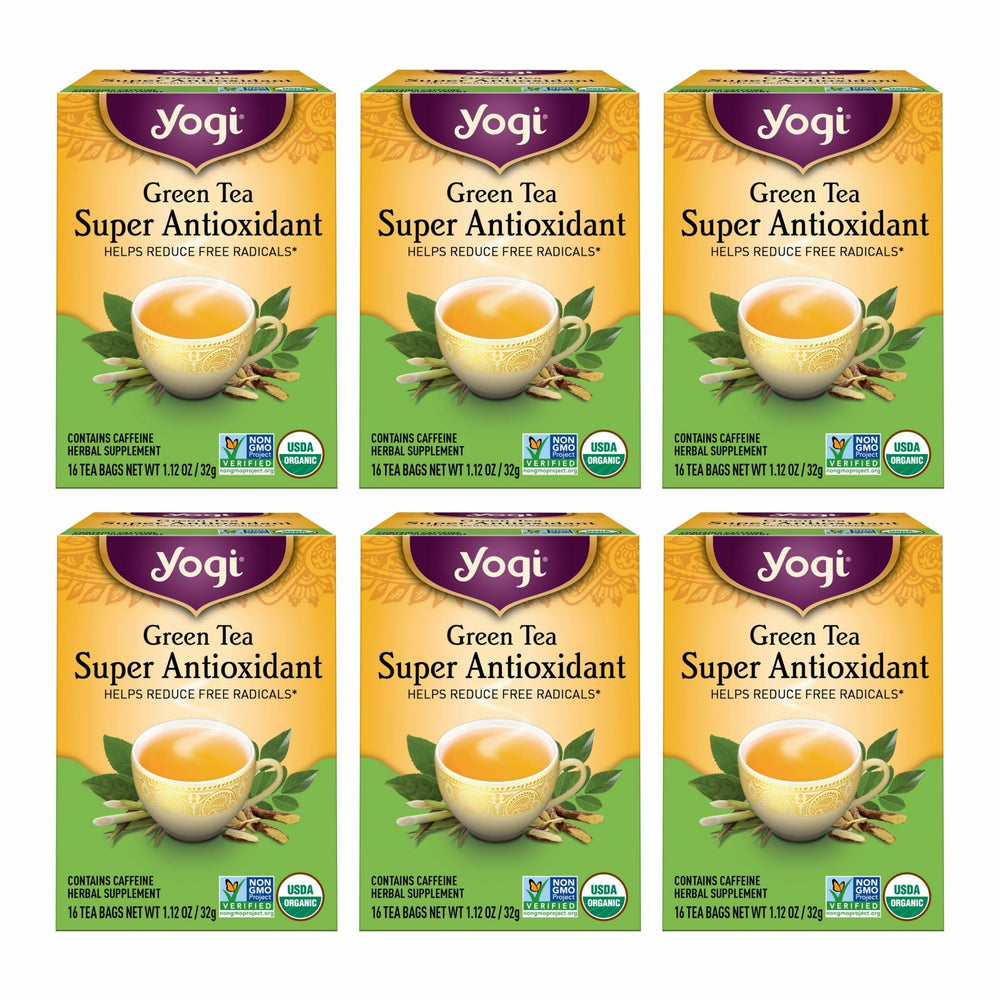 Yogi front packaging showing organic green tea and antioxidant benefits