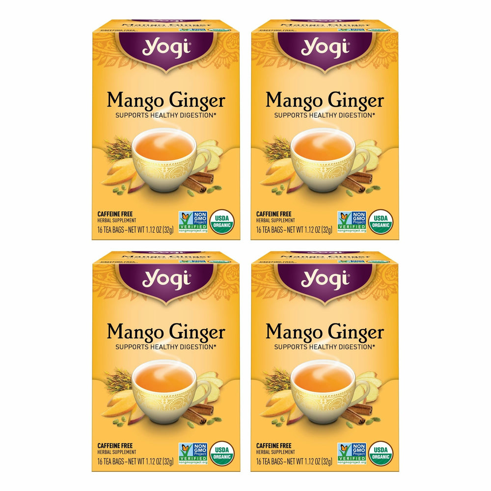 Yogi front packaging showing organic mango ginger tea benefits