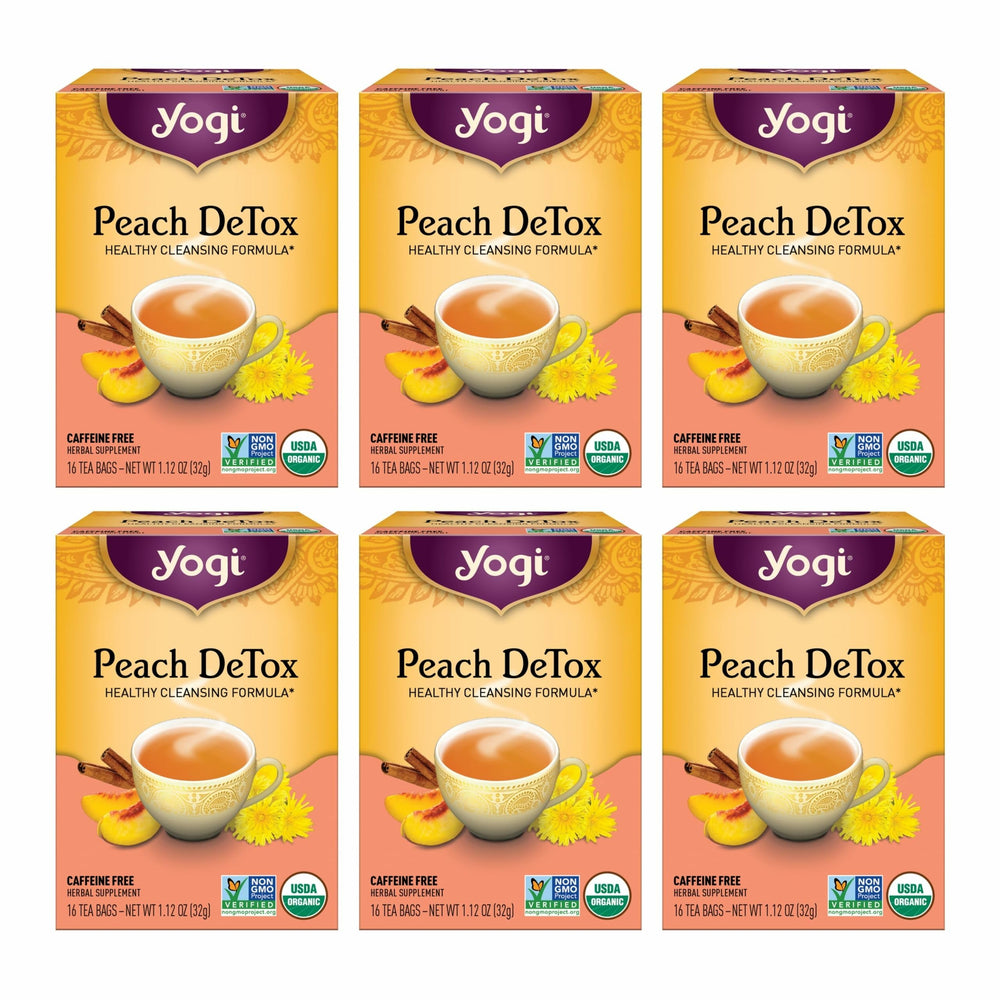 Yogi front packaging showing organic peach detox benefits