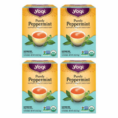 Yogi front packaging showing four-pack of 16 tea bags and organic seal benefits