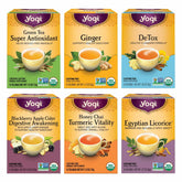 Yogi sampler front packaging showing six tea boxes and benefits of variety