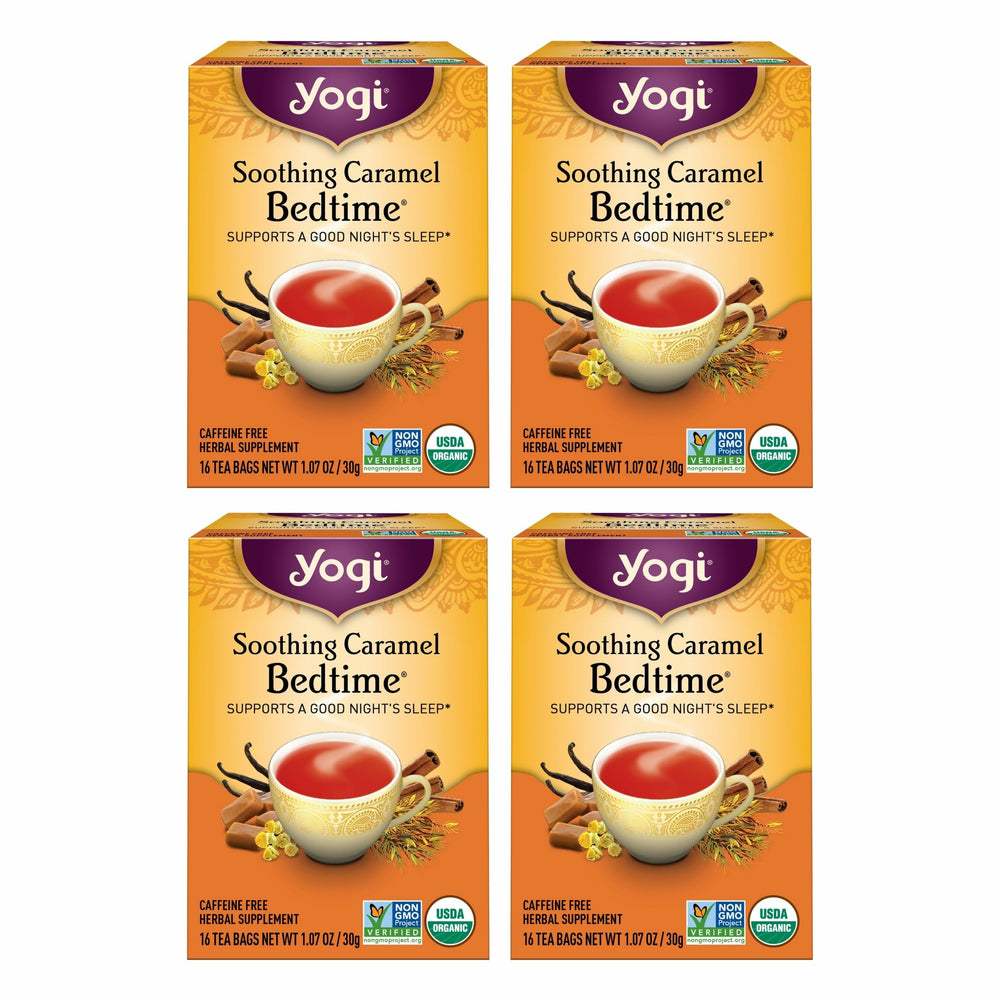 Yogi front packaging showing calming caramel sleep tea and benefit of relaxing aroma