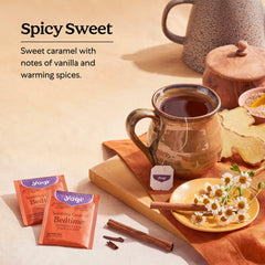 Yogi cup of brewed caramel bedtime tea in hands conveying warmth and relaxation