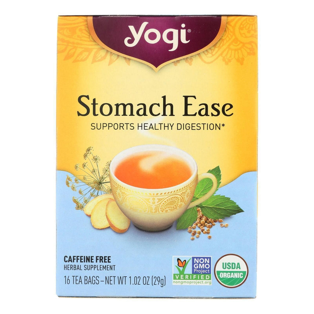 Yogi tea box front showing 16 tea bags and calming digestive benefits