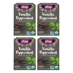 Yogi front packaging showing organic vanilla peppermint tea benefits