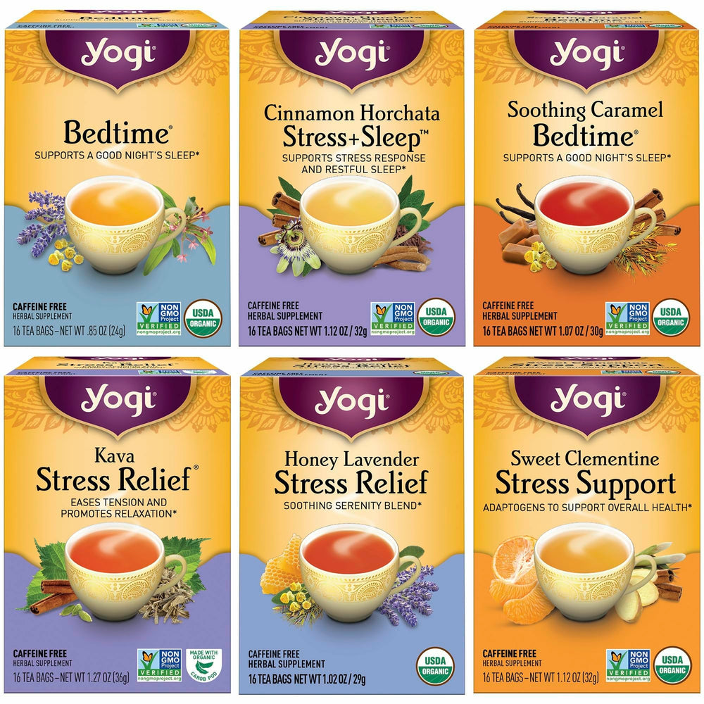Yogi front packaging showing six-flavor variety pack and organic seal benefits