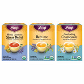 Yogi front packaging showing three organic relaxation tea boxes and benefits