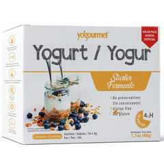 Yogourmet front packaging showing 16 sachets and product benefits