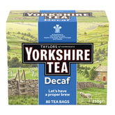 Yorkshire Decaffeinated front packaging showing 80 teabags and bold branding benefit convenience