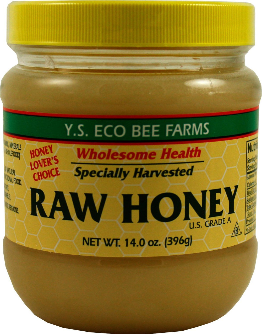 YS Eco Bee Farms front packaging showing raw honey and natural antioxidants