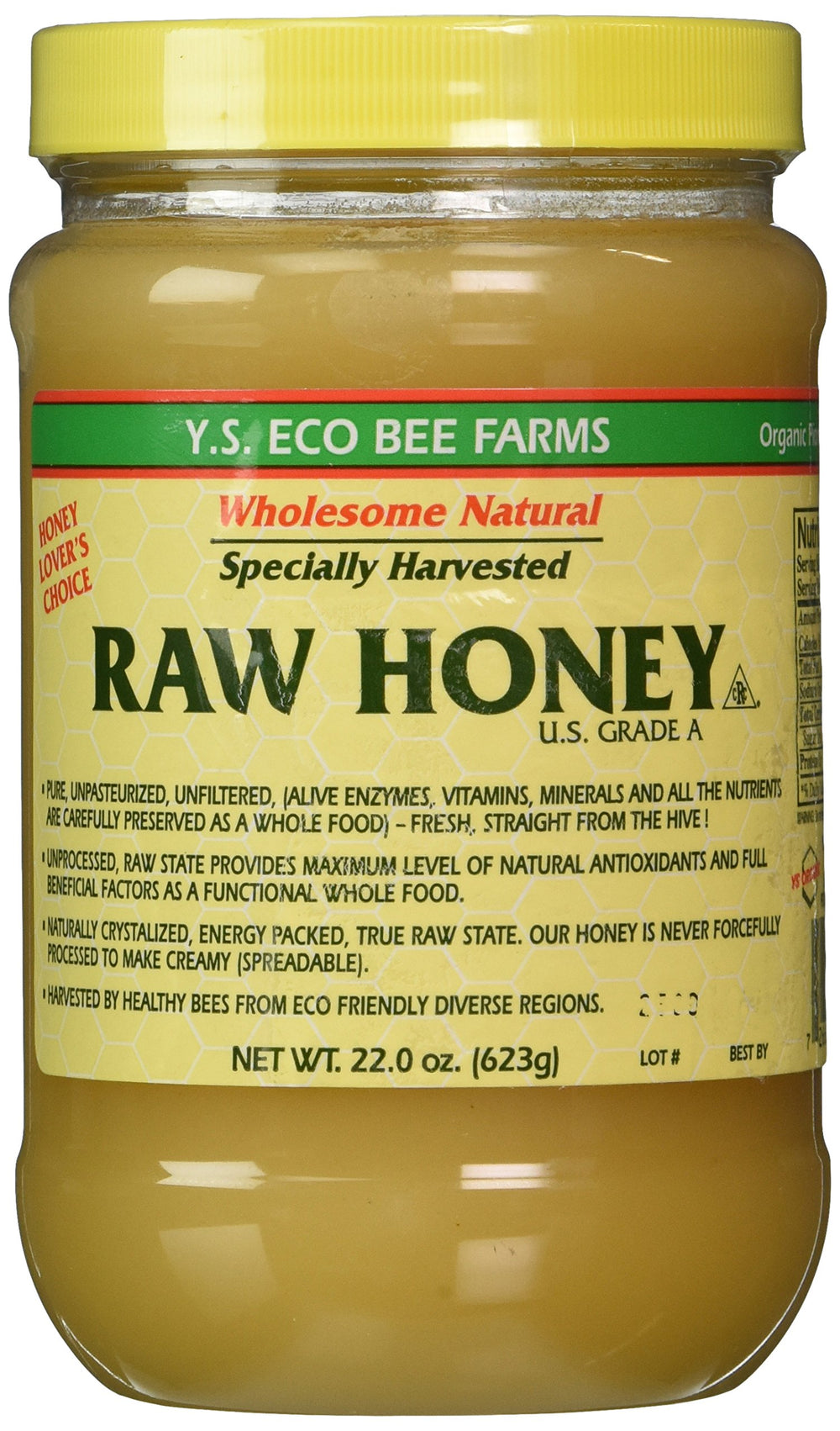 Y.S. Eco Bee Farms jar front showing label and raw honey, ideal for pantry use