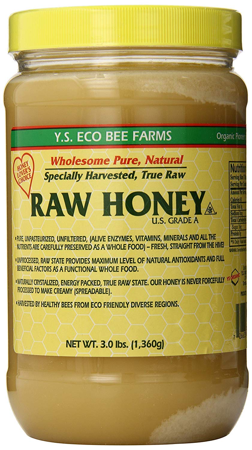 Y.S. Eco Bee Farms front label on 3 lb jar showing kosher and raw benefits
