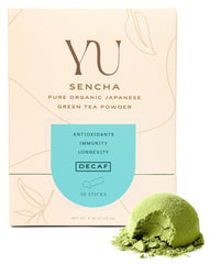 Yu front packaging showing 30 decaf sencha packets and brand clarity benefit