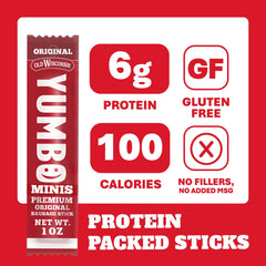 YUMBO individually wrapped sausage stick illustrating single-serve freshness and portability