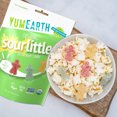 YumEarth sour littles close-up with sugar coating highlighting tangy bite