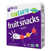 YumEarth front packaging showing 15 assorted organic snack packs for convenience