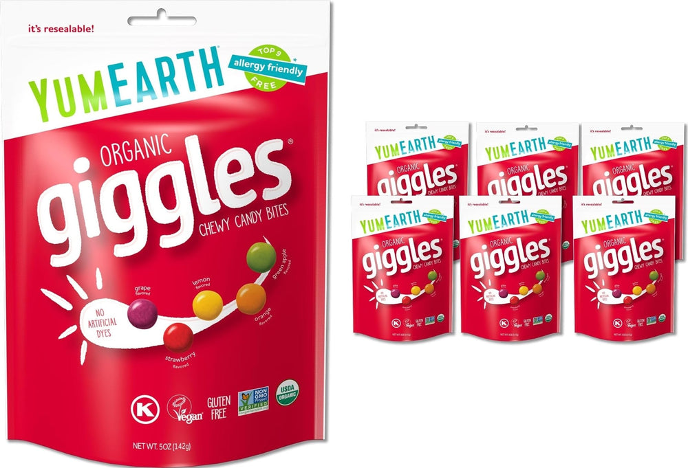 YumEarth front packaging showing 5oz Giggles bag and organic branding benefit