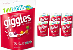 YumEarth front packaging showing 5oz Giggles bag and organic branding benefit