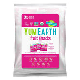 YumEarth front packaging showing 35 single-serve tropical snack packs and convenience