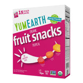 YumEarth front packaging showing tropical snack pouches and organic badge