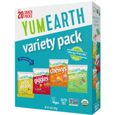 YumEarth front packaging showing variety box and clear branding, convenient sharing