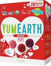 YumEarth box front showing 28-count packaging and festive hearts
