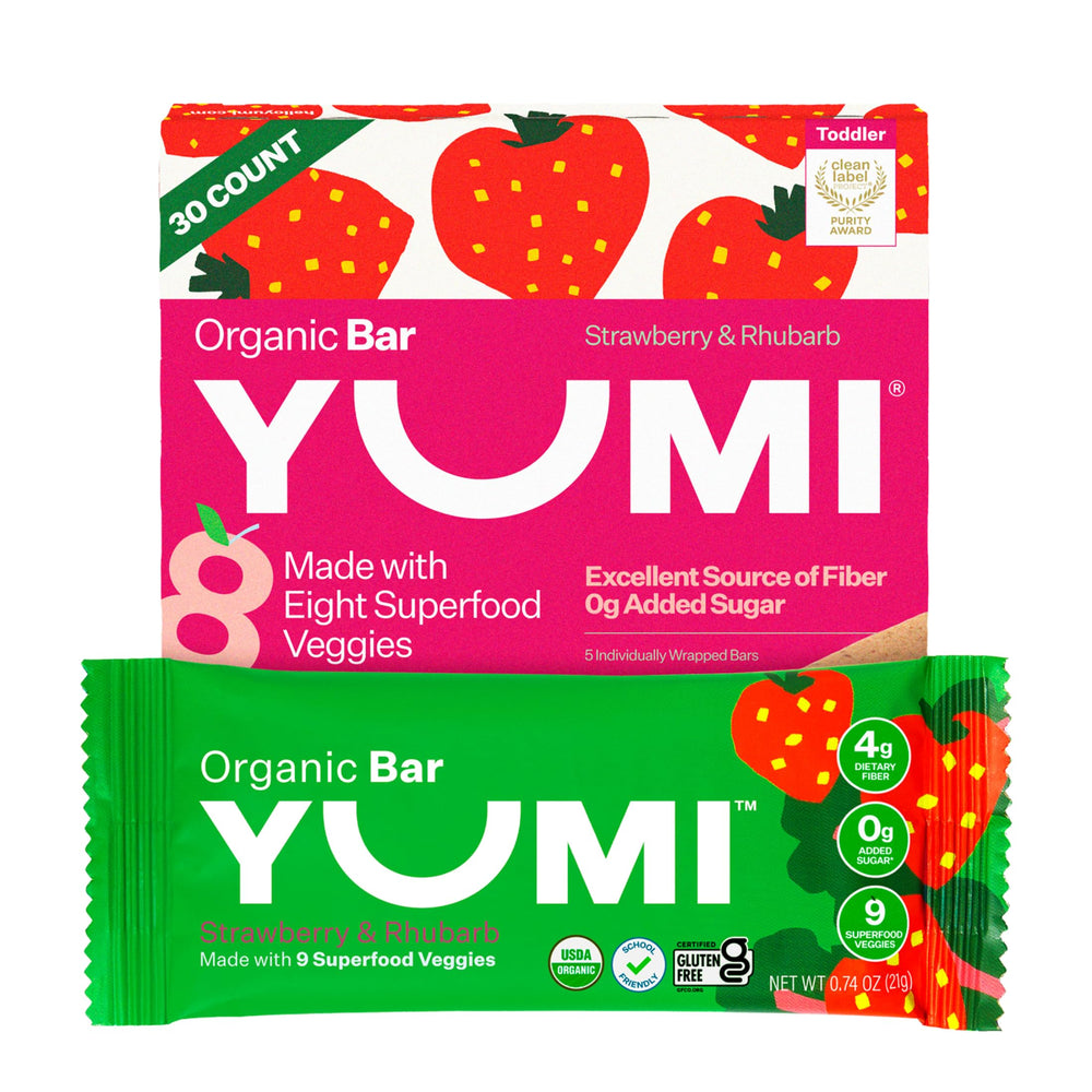 YUMI front packaging showing strawberry rhubarb flavor and organic badge for trust