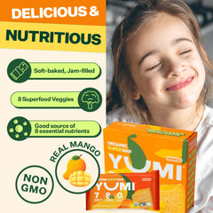 YUMI ingredient spread with mango and veggies illustrating real organic ingredients benefit
