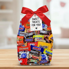 Yummy Chew hand filling a goodie bag with mixed chocolates for party favors