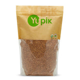 Yupik front packaging of 2.2 lb golden flax seeds showing seal and size benefit