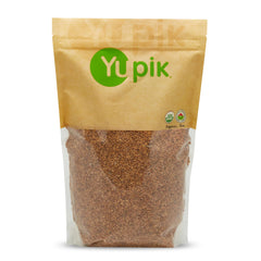 Yupik front packaging of 2.2 lb golden flax seeds showing seal and size benefit
