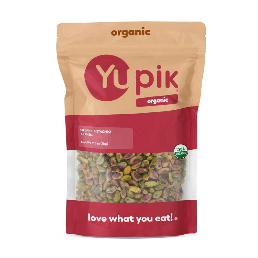 Yupik front packaging showing organic shelled pistachios and certification benefits