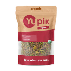 Yupik front packaging showing organic shelled pistachios and certification benefits