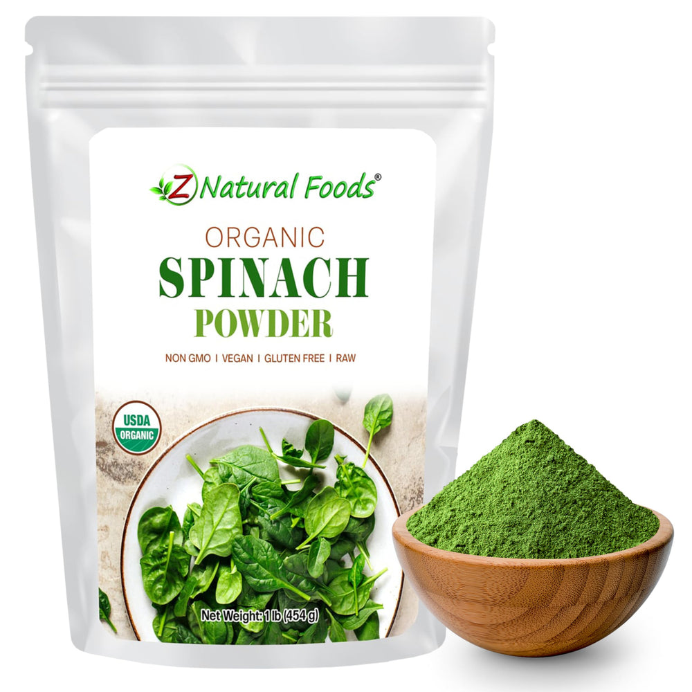Z Natural Foods front pouch showing 16 oz spinach powder and clean-label benefit