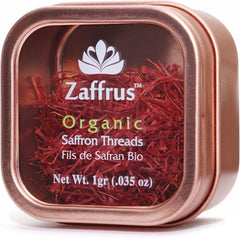 Zaffrus front packaging jar showing premium saffron threads and clear labeling benefit: identifiable organic quality