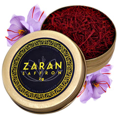 Zaran Saffron front packaging showing premium 2g jar and label benefits
