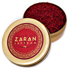 Zaran Saffron golden tin front view showing premium packaging and preserved freshness