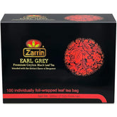 Zarrin front packaging showing 100 foil-wrapped Ceylon Earl Grey tea bags and label benefits