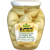 Zarrin jar front view showing label and pickled garlic benefits