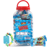 Zazers front packaging showing 50 blue candy watches and easy distribution