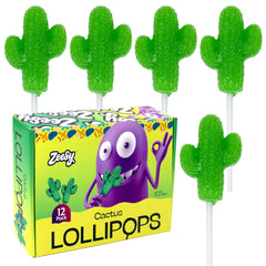 Zeesy front packaging of 12 cactus lollipops showing festive design and ready-to-use favors
