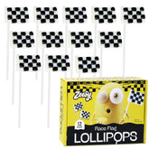 Zeesy front packaging showing 12 checkered flag lollipops and clear branding for easy party planning