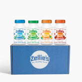 Zellies front packaging gift set showing four flavor tubs and count benefit