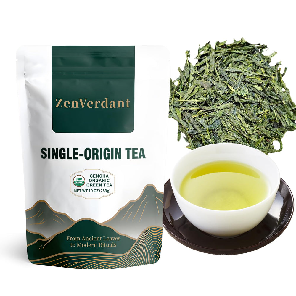 ZenVerdant front pouch packaging showing organic sencha and benefits